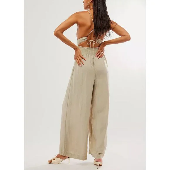 Free People Emma Linen Jumpsuit Alfalfa Size Large - Picture 3 of 16